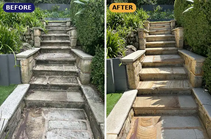 Sandstone steps pressure cleaned, before and after
