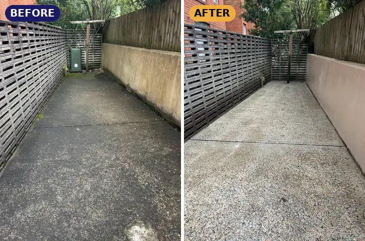 Strata driveway pressure cleaned, before and after