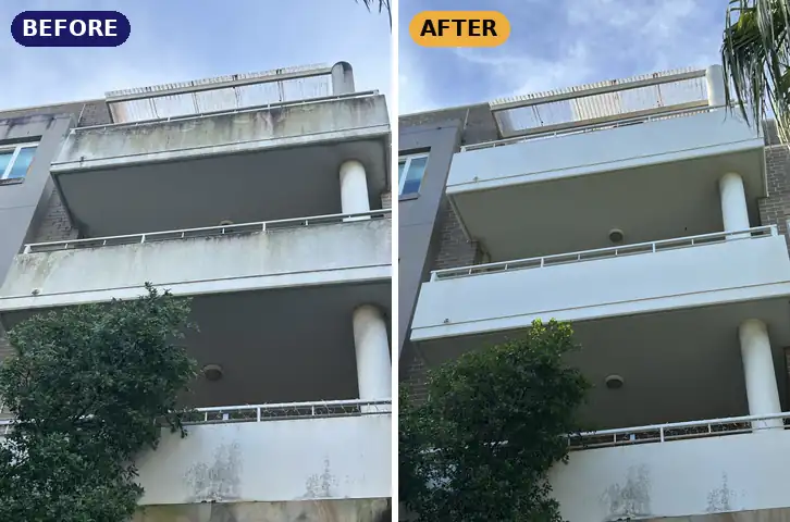 Building wash: balconies cleaned of mould and grime, before and after