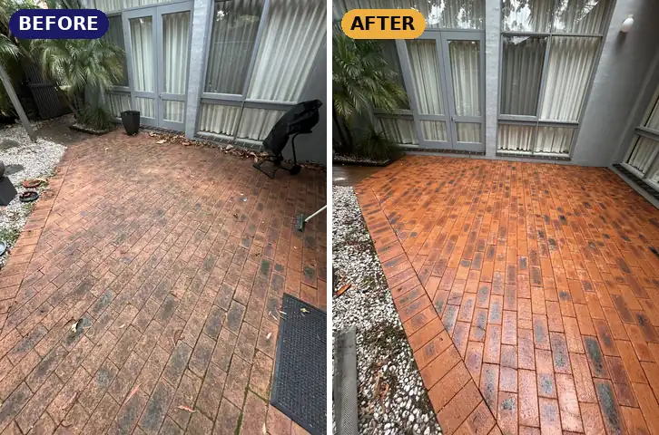 Courtyard pavers pressure cleaned, before and after