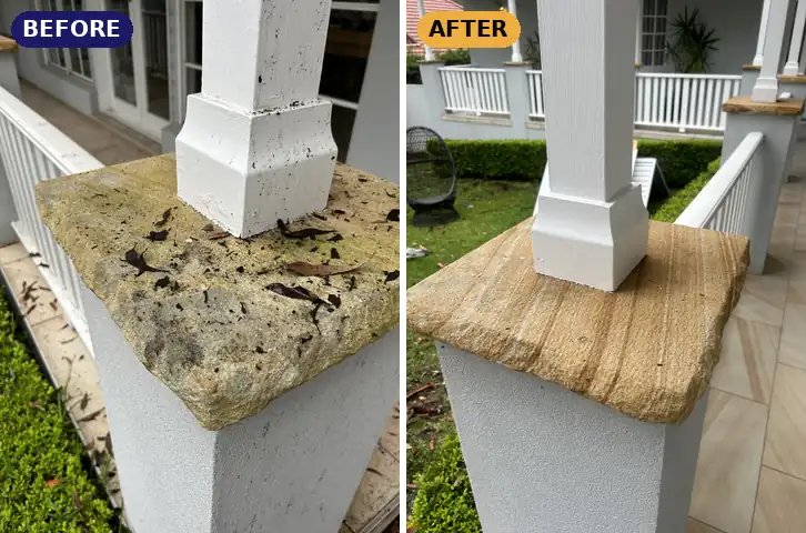 Sandstone verandah pressure cleaned, before and after