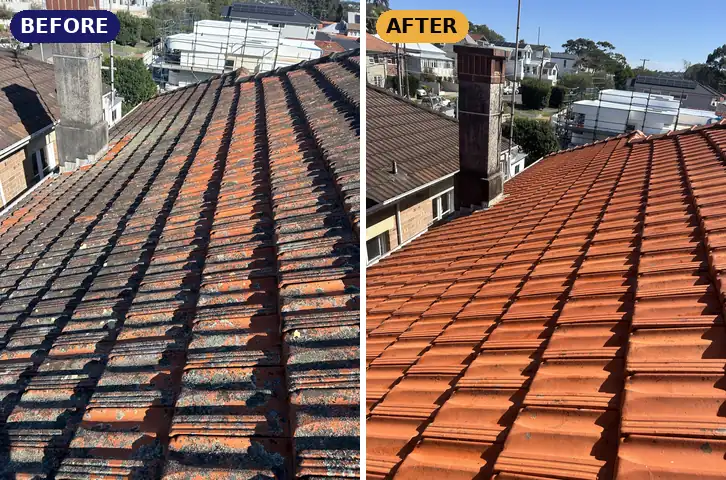 Terracotta roof wash, before and after